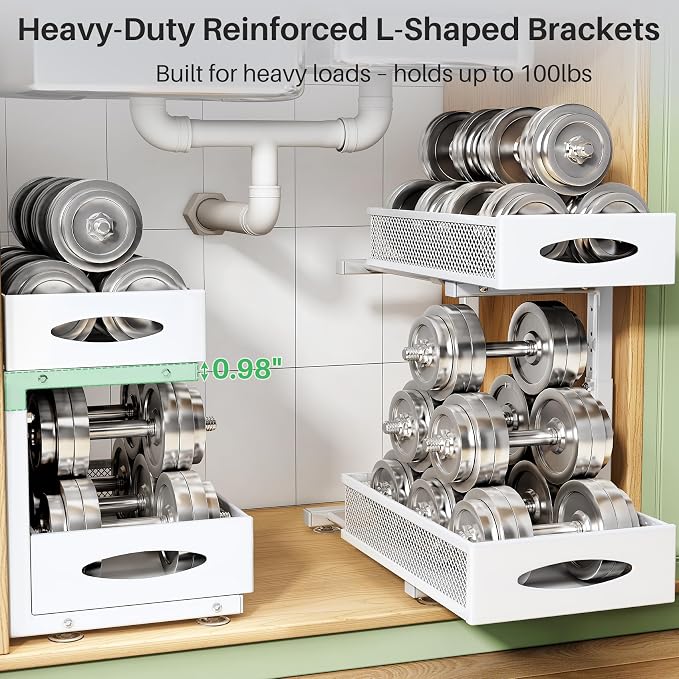 Under Sink Organizer, 2 Pack 2 Tier Pull out Cabinet Organizer Baskets - Image 5