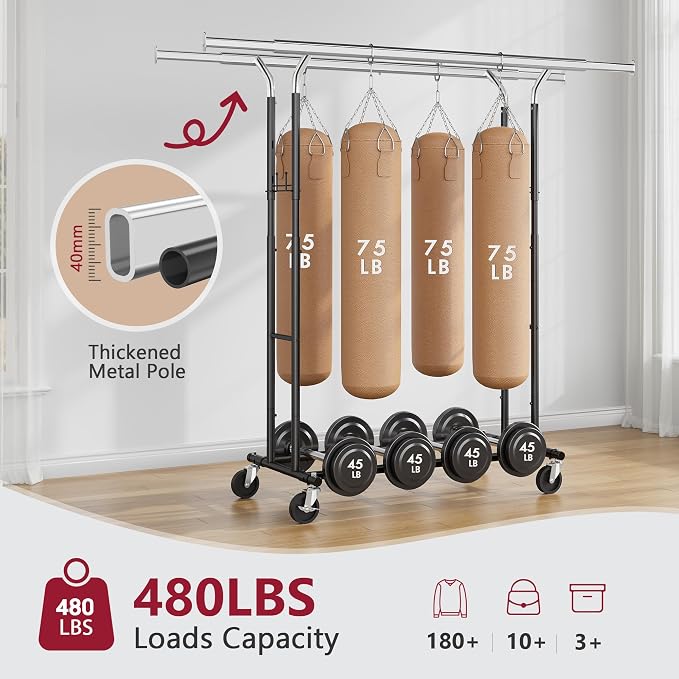 Tajsoon Double Rod Clothes Rack Load 480 LBS, Heavy Duty Rolling Garment Rack - Image 2