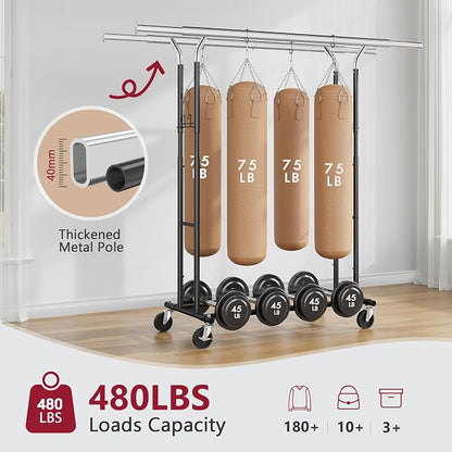 Tajsoon Double Rod Clothes Rack Load 480 LBS, Heavy Duty Rolling Garment Rack - Image 2