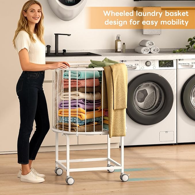 29-Gallon Laundry Cart with Wheels, Rolling Round Metal Laundry Basket Cart - Image 3