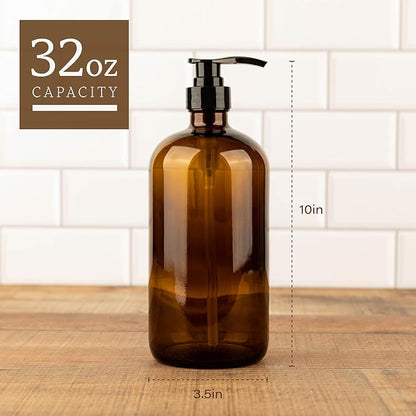 32 Ounce Glass Pump Dispenser Bottle, Large Amber Container - Image 2