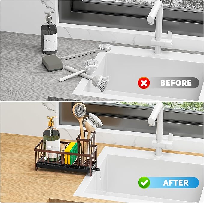 Cisily Brown Sponge Holder for Kitchen Sink, Sink Caddy Organizer - Image 6