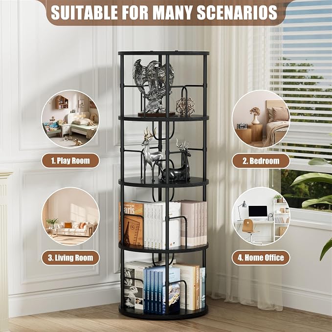 Flycity 4 Tier Rotating Bookshelf, 360° Corner Bookshelf Tower, Round Revolving - Image 7