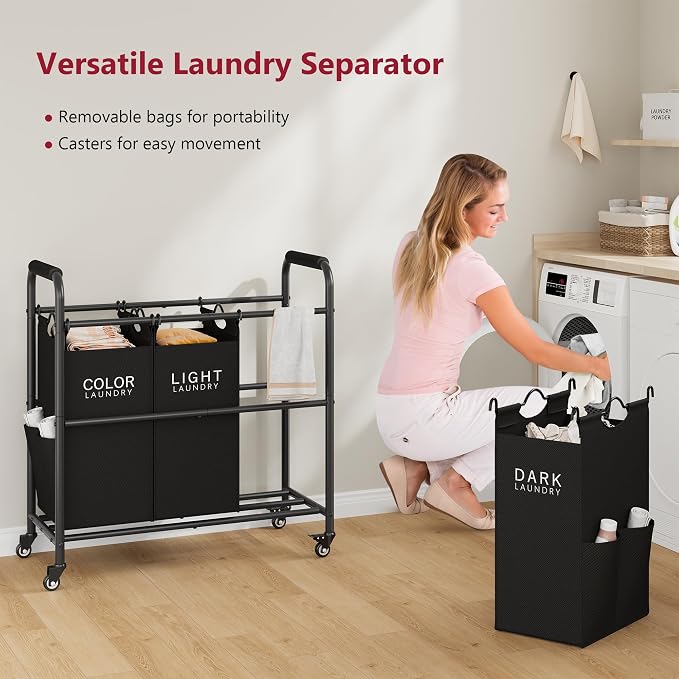Tajsoon 3 Bag Laundry Sorter Cart, Laundry Hamper Sorter Basket - Image 2