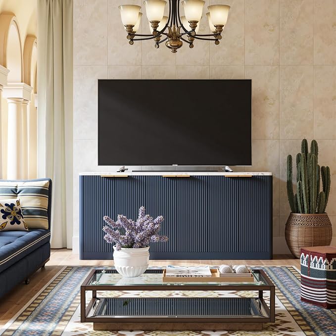 Evermagin 67" Fluted Blue Buffet Cabinet Sideboard - Image 4