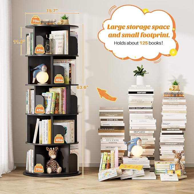 Aheaplus Rotating Bookshelf, 360 Display Wood Spinning Bookshelf Tower - Image 3