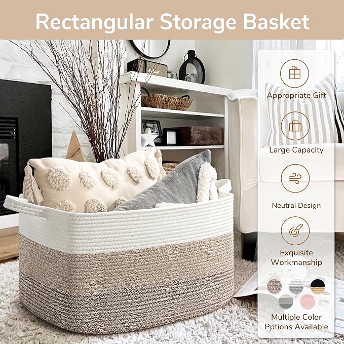 Goodpick Large Woven Storage Basket, 21.6" x 14.9" x 11.8" Rectangle Rope - Image 7