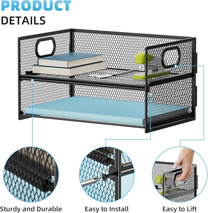 Marbrasse 2 Tier Paper Organizer Letter Tray, Mesh File Organizer - Image 2
