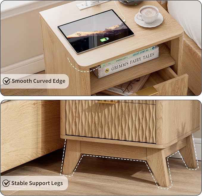 Fluted Nightstand with Charging Station, Bedside Table - Image 5