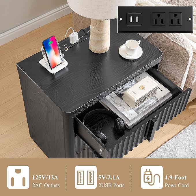 23.6" Nightstand Set of 2 with Charging Station, Side Table with 3 Storage - Image 5