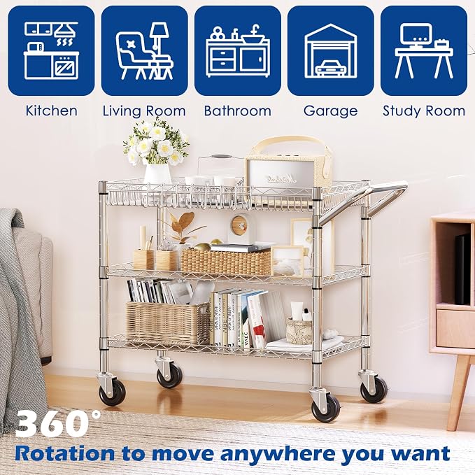 NTE Utility Cart with Wheels, 990lbs Capacity Metal 3 Tier Rolling Carts - Image 8