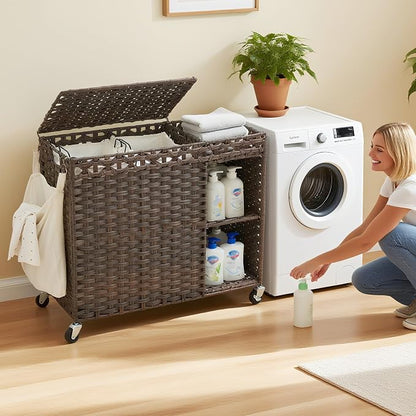 Laundry Hamper with Lid, 160L Rattan Wicker Laundry Basket with Wheels - Image 3