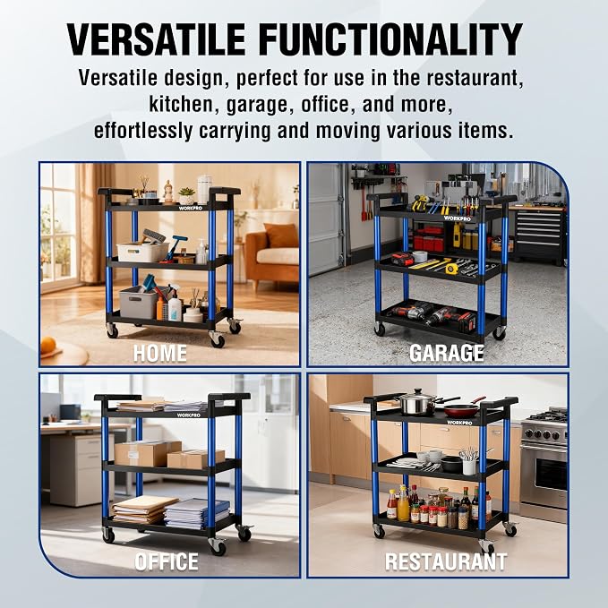 WORKPRO 3-Tier Service Utility Cart, 400LBS Plastic Rolling Cart - Image 5
