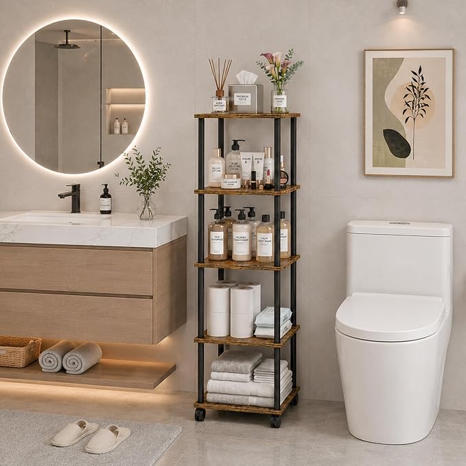 5-Tier 50.4" Tall Rustic Brown Bathroom Shelving Unit - Image 2