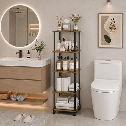 5-Tier 50.4" Tall Rustic Brown Bathroom Shelving Unit - Image 2