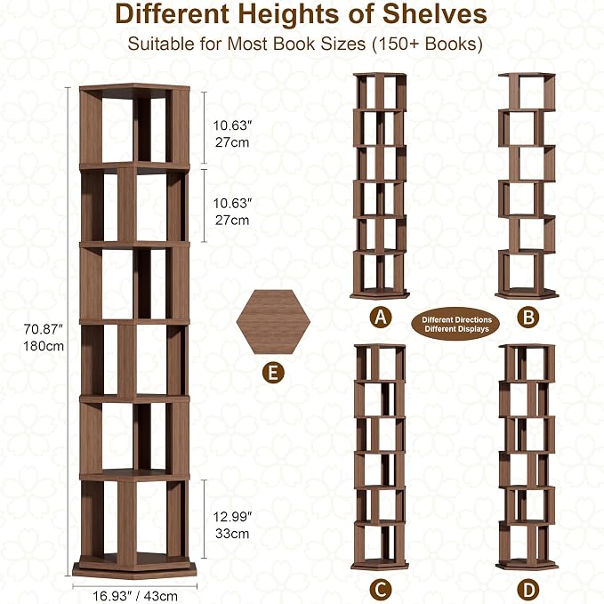 Rotating Bookshelf Tower, 6 Tier Solid Wood Spinning Rolling Book Shelf | - Image 6