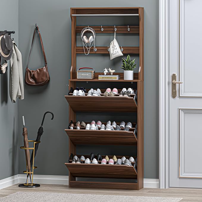 BORNOON Shoe Cabinet with 3 Flip Drawers & Coat Rack, Narrow Hidden Shoe - Image 7