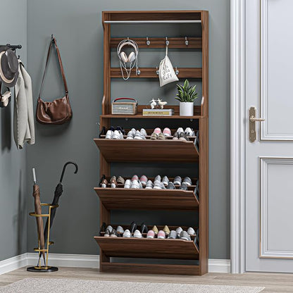 BORNOON Shoe Cabinet with 3 Flip Drawers & Coat Rack, Narrow Hidden Shoe - Image 7