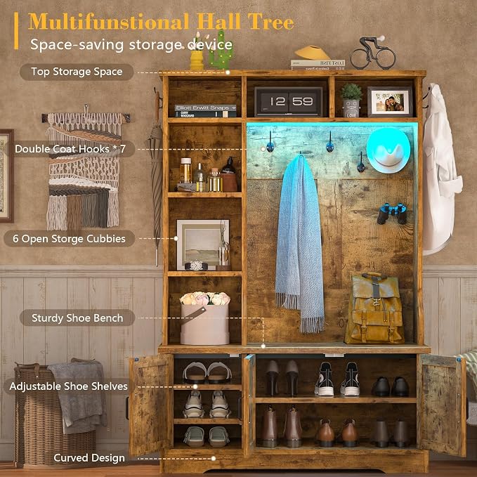 CSZZD Hall Tree with Bench and Shoe Storage, Farmhouse Entryway Bench with Coat - Image 2