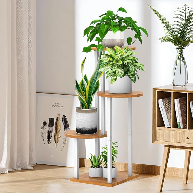 4 Tier Wood Tall Plant Stand Metal Rack Indoor, Round Planter Shelf Display - Image 5