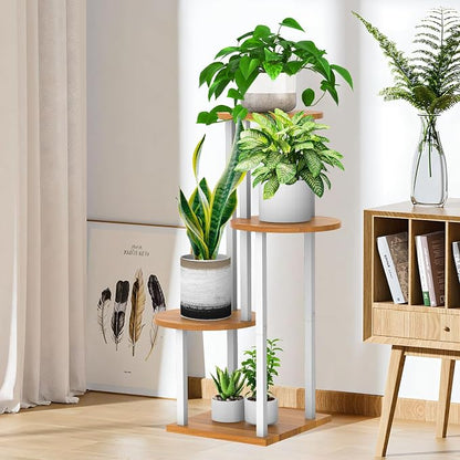 4 Tier Wood Tall Plant Stand Metal Rack Indoor, Round Planter Shelf Display - Image 5