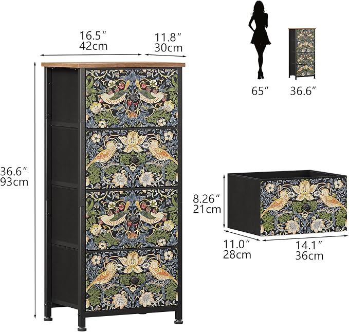 Dresser for Bedroom with 4 Drawer Strawberry Thief Dresser Vintage Storage - Image 2