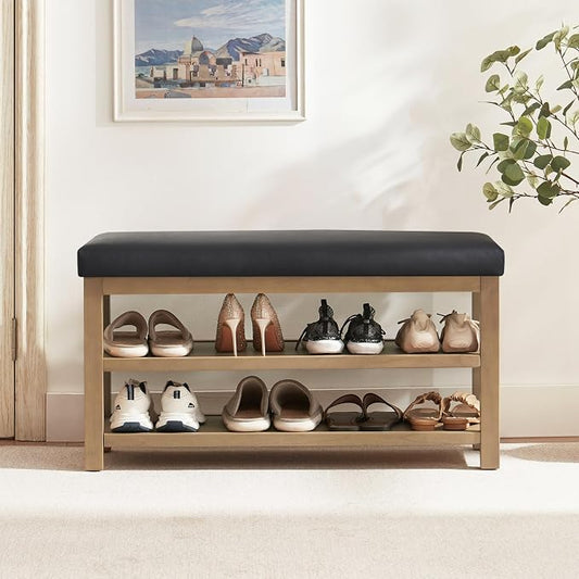 Zihanhome Shoe Rack Bench with Leather Cushion, 2 Tier Solid Wood Storage Bench by Zihanhome