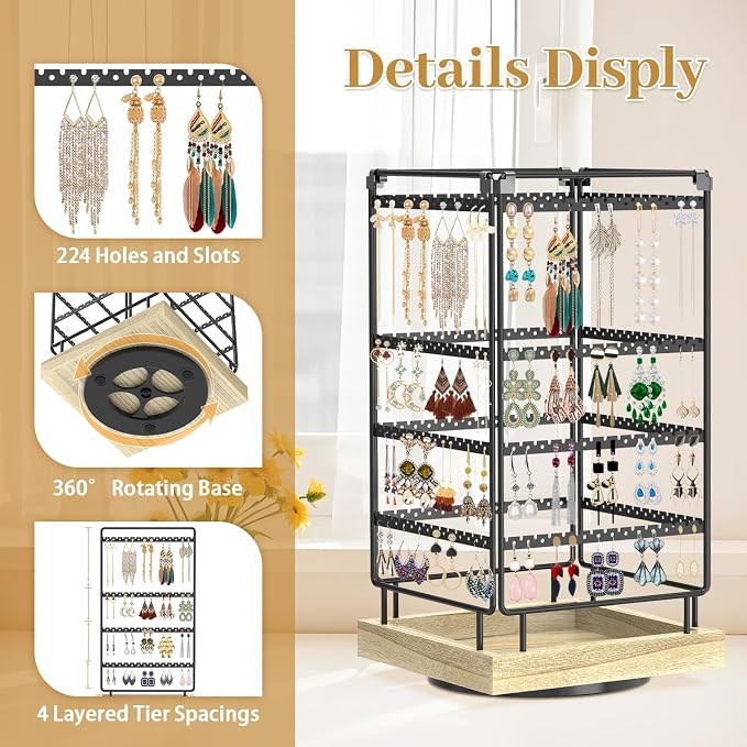 MODOWEY 4 Tier Rotating Earring Holder Organizer Metal Wooden Display Stand | - Image 4