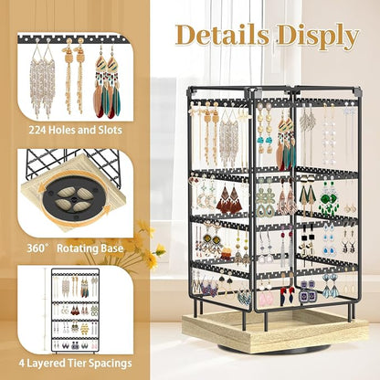 MODOWEY 4 Tier Rotating Earring Holder Organizer Metal Wooden Display Stand | - Image 4