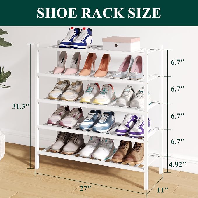 Smiry Bamboo Shoe Rack for Closet, 5 Tier Wooden Stackable Shoe Organizer - Image 2