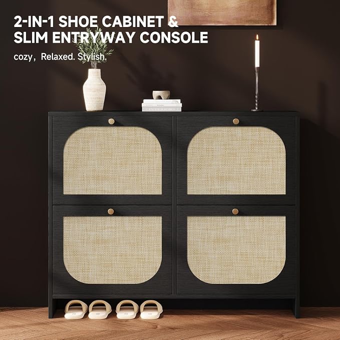 Nicetree Shoe Storage Cabinet for Entryway, Rattan Vintage Flip Shoe Rack- 4 - Image 3