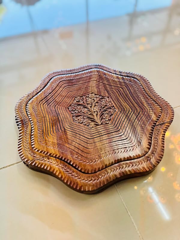 Handmade 14″ Collapsible Wooden Basket, Single Bowl Flower Design in Himalayan - Image 6