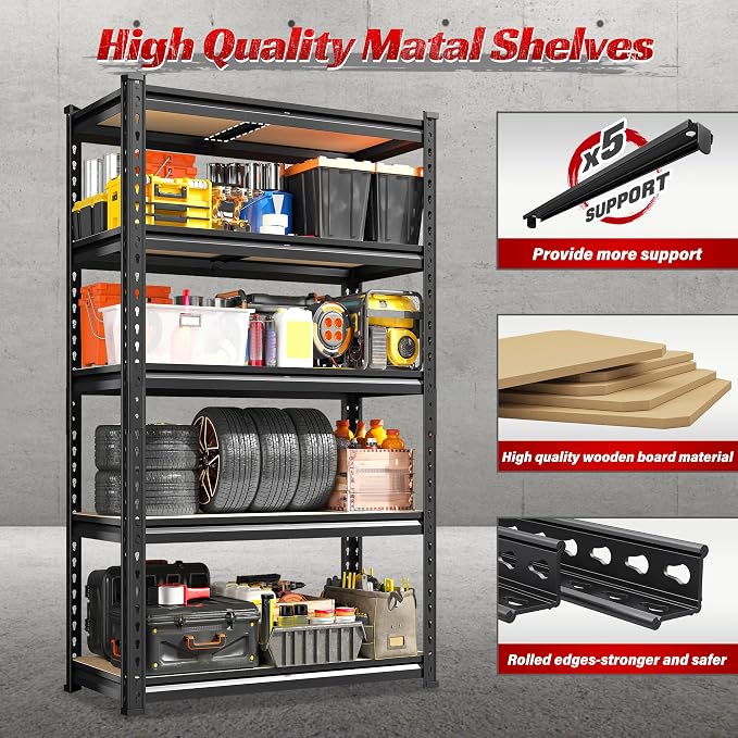 REIBII Set of 2 Storage Shelves 5 Tier Garage Shelving Heavy Duty Metal - Image 8