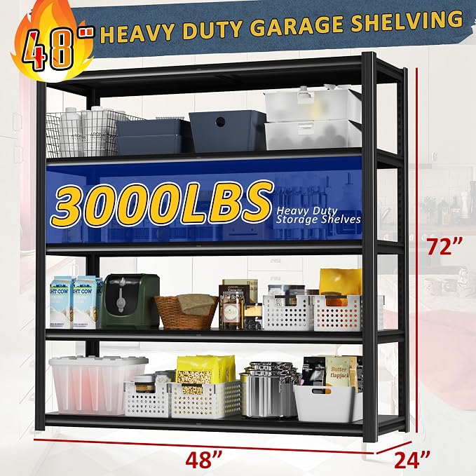 48" W Garage Shelving Heavy Duty 3030Lbs Storage Shelf 5 Tier Adjustable - Image 2
