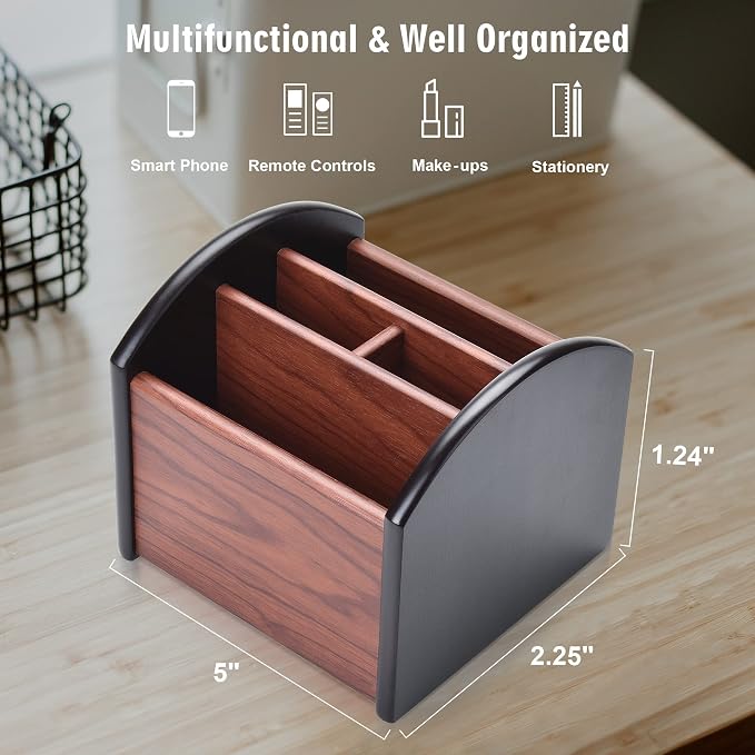 Siveit Wooden Desk Organizer, 4 Compartment Revolving Wood Desktop Organizer - Image 3
