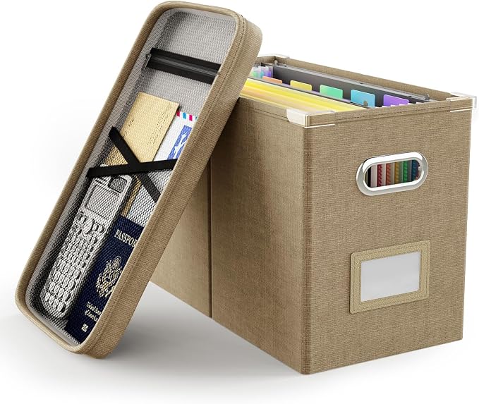 File Organizer Box with Lid, Hanging Filing File Box with Mesh Pocket, Document by Oterri