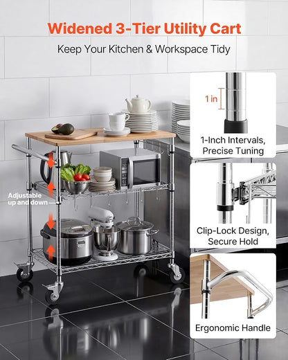 VEVOR Kitchen Utility Cart, 3 Tier Heavy Duty Adjustable Wire Storage Rack - Image 2