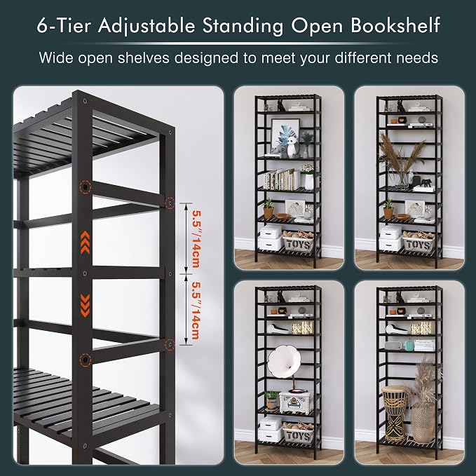 HITNET Bamboo Bookshelf, 6-Tier Tall Open Bookcase - Image 7