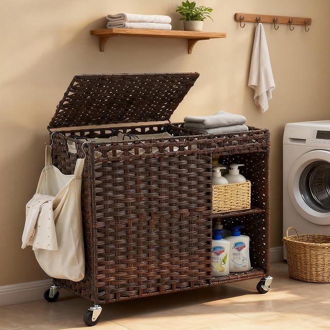 Laundry Hamper with Lid, 160L Rattan Wicker Laundry Basket with Wheels by HEYBLY