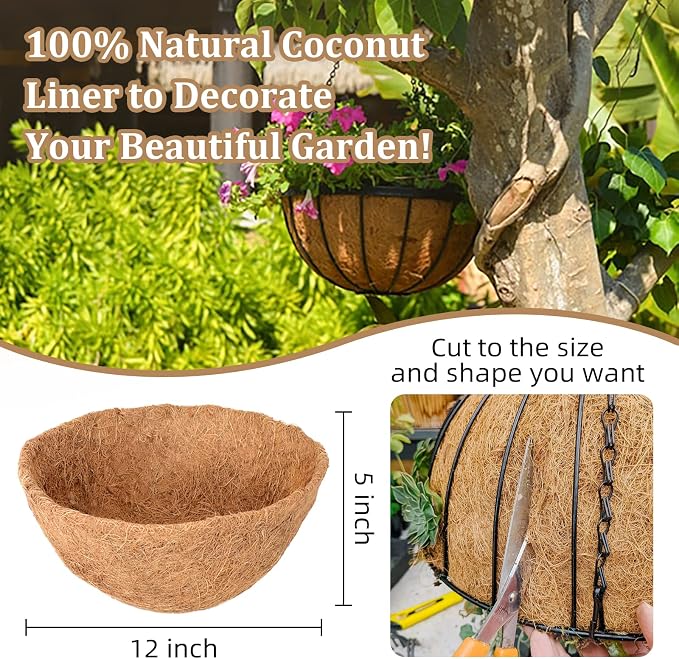 6 Pack 12 Inch Hanging Basket Coco Liners Replacement, 100% Natural Round - Image 2