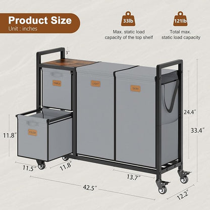 Hoctieon 4 Section Laundry Cart, 48 Gal. Laundry Hamper - Image 8