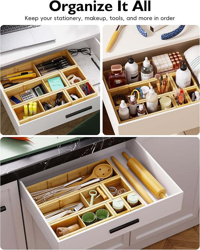 12-Piece Bamboo Desk Drawer Organizer Tray – Adjustable Storage Boxes - Image 6
