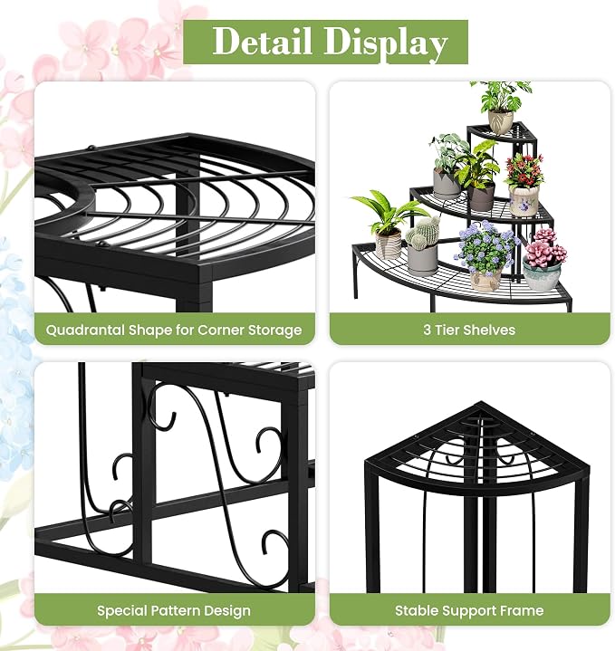 Plant Pot Stand Shelf, 3 Tier Flower Quarter Display Rack, Metal Succulent - Image 7