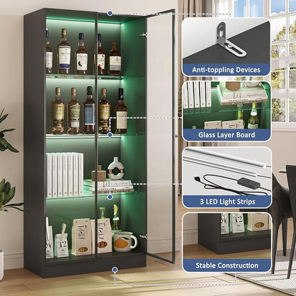 Display Cabinet with LED Lights, Display Case with 4-Tier Glass Shelves & 2 - Image 4