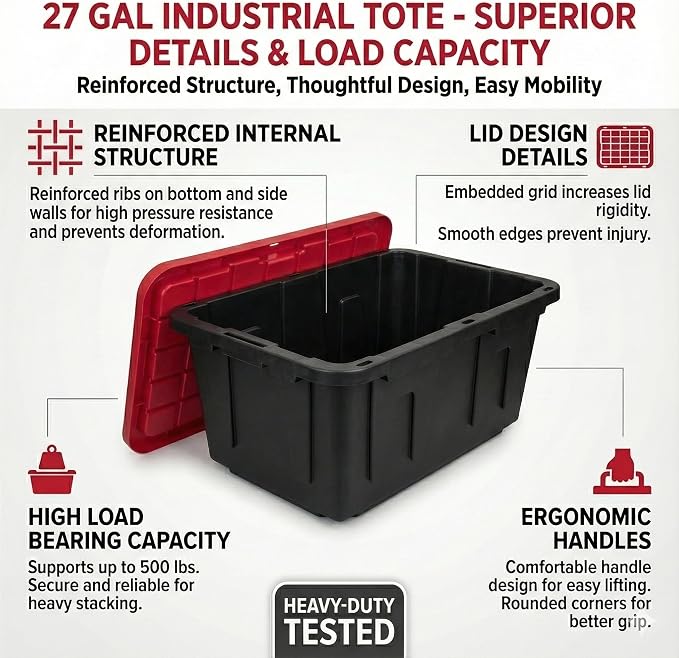 27 Gal Industrial Tote, 4 Pack Plastic Storage Bins - Image 3
