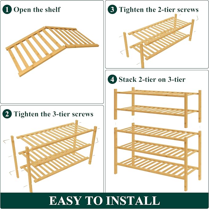 Smiry Bamboo Shoe Rack for Closet, 5 Tier Wooden Stackable Shoe Organizer - Image 6