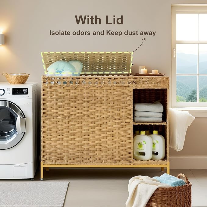 Laundry Hamper with Lid, 130L Rattan Laundry Hamper 3 Section with 50L Storage - Image 7
