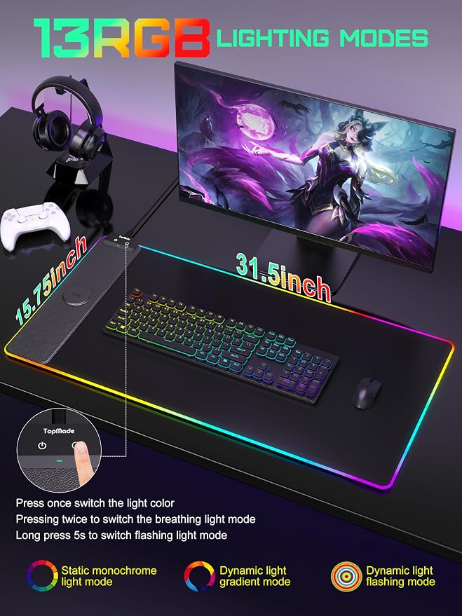 TopMade Mouse Pad with Wireless Charging, 31.5" x 15.75" Large Desk Mat RGB - Image 3