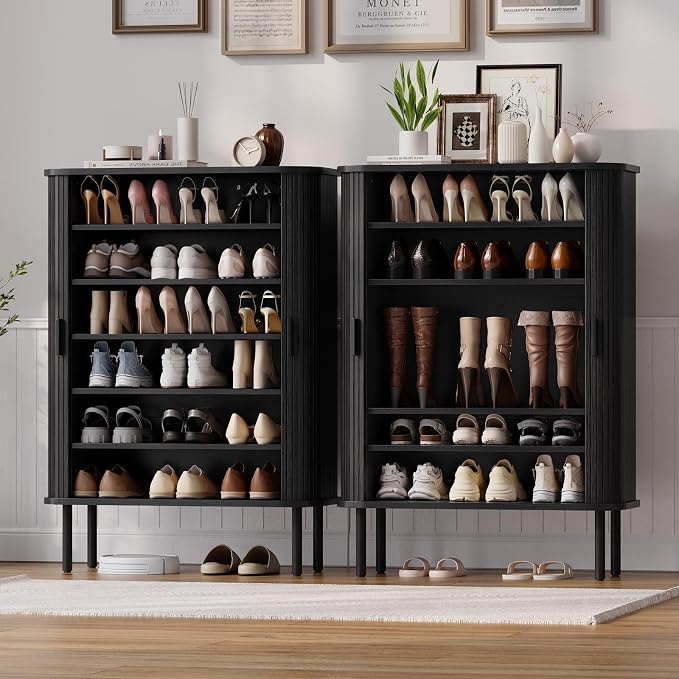 6-Tier Shoe Cabinet with Sliding Door, Wooden Shoe Storage Cabinet with - Image 5