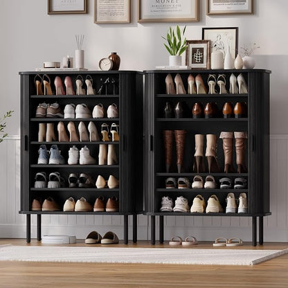 6-Tier Shoe Cabinet with Sliding Door, Wooden Shoe Storage Cabinet with - Image 5